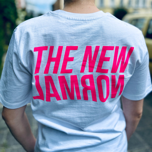 The new normal (white with neon pink print)