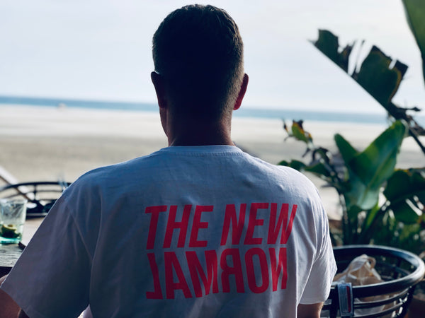 The new normal (white with neon red print)