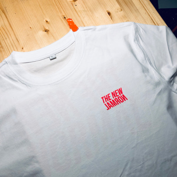 The new normal (white with neon red print)