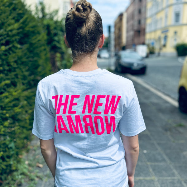 The new normal (white with neon pink print)