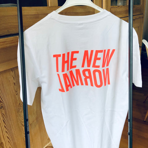 The new normal (white with neon red print)